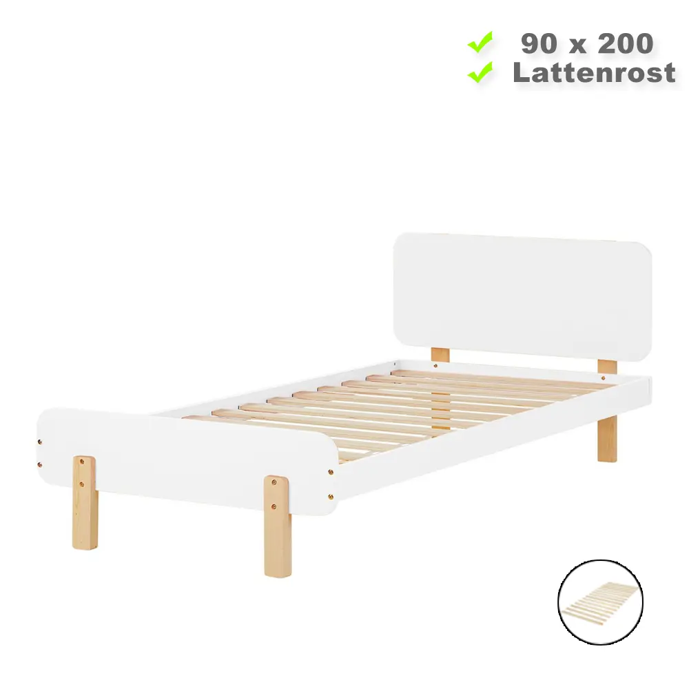 Kinderbett 90x200 - Holzbett mit einem Bettrahmen in Weiß und Elementen in Natur