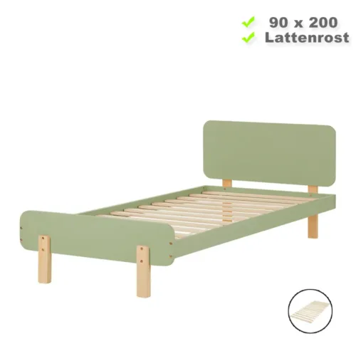 Bett für Kinder 90x200 - Bett mit Vollholz Korpus in Grüner Farbe und Bettfüßen in Natur
