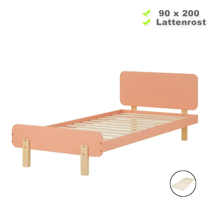 Harmonisches Kinderbett 90x200 - Bett mit Fußteil und hohem Kopfrahmen in farblichem Rot