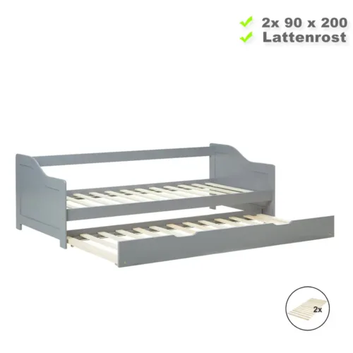 Funktionsbett mit Auszug 90x200 – Holzbett mit zweitem Bett 90x200 – Farbe: Grau