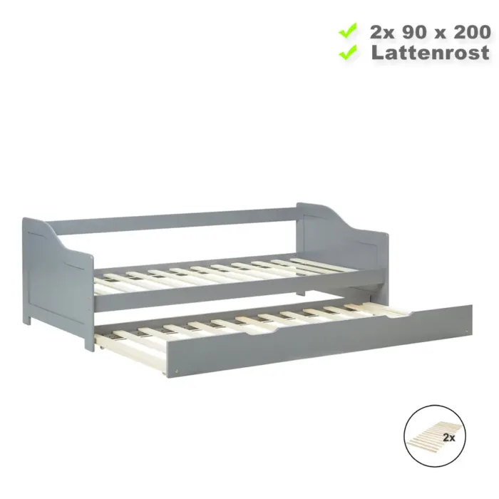 Funktionsbett mit Auszug 90x200 – Holzbett mit zweitem Bett 90x200 – Farbe: Grau