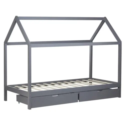 Hausbett 90x200 - Kinder- und Jugendbett mit zwei Bettkästen - Farbe: Grau