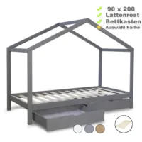 Hausbett 90x200 - Kinderbett mit Bettkästen - Farbe-Auswahl: Natur Weiß Grau