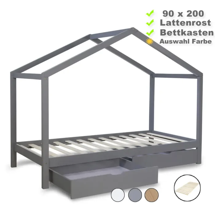 Hausbett 90x200 - Kinderbett mit Bettkästen - Farbe-Auswahl: Natur Weiß Grau
