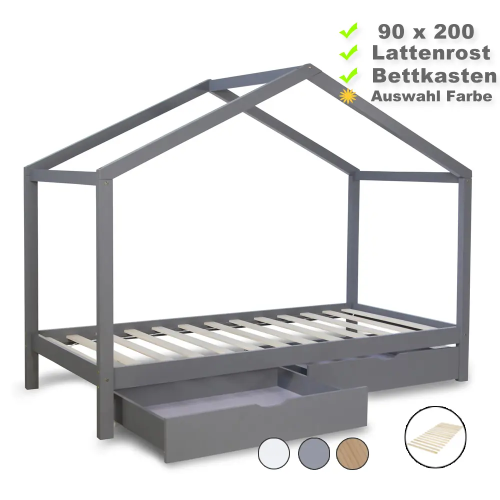 Hausbett 90x200 - Kinderbett mit Bettkästen - Farbe-Auswahl: Natur Weiß Grau