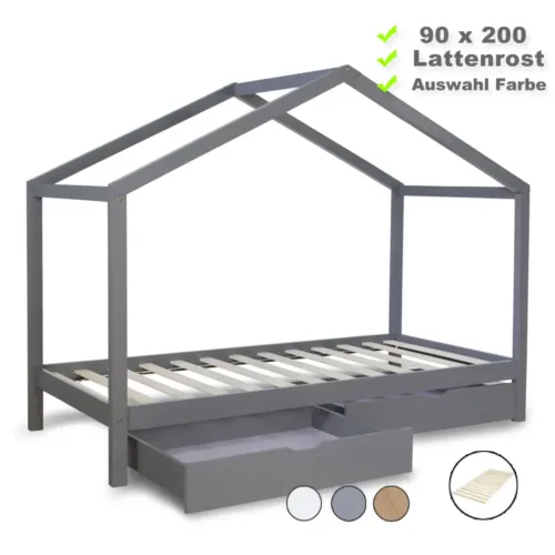 Hausbett 90x200 - Kinderbett mit Bettkästen - Farbe-Auswahl: Natur Weiß Grau