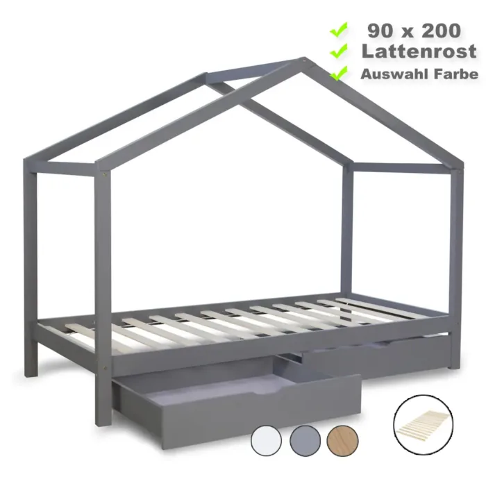 Hausbett 90x200 - Kinderbett mit Bettkästen - Farbe-Auswahl: Natur Weiß Grau