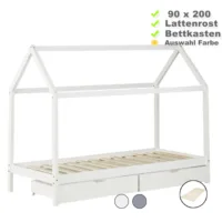 Hausbett 90x200 - Kinder- und Jugendbett mit zwei Bettkästen - Farbe-Auswahl: Weiß Grau