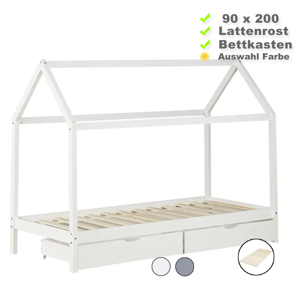 Hausbett 90x200 - Kinder- und Jugendbett mit zwei Bettkästen - Farbe-Auswahl: Weiß Grau