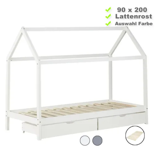 Hausbett 90x200 - Kinder- und Jugendbett mit zwei Bettkästen - Farbe-Auswahl: Weiß Grau