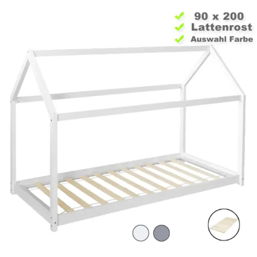 Hausbett 90x200 - Kinder- und Jugendbett - Farbe-Auswahl: Weiß Grau
