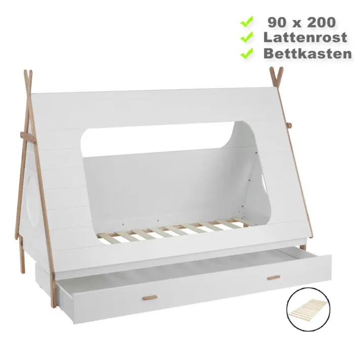 Tipi 90x200 cm – Hausbett für Kinder mit Bettkasten und Sichtfenster – Farbe: Weiß Natur