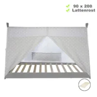 Tipi 90x200 cm – Holz Kinderbett in bodentiefer Zeltform – Farbe: Grau Weiß