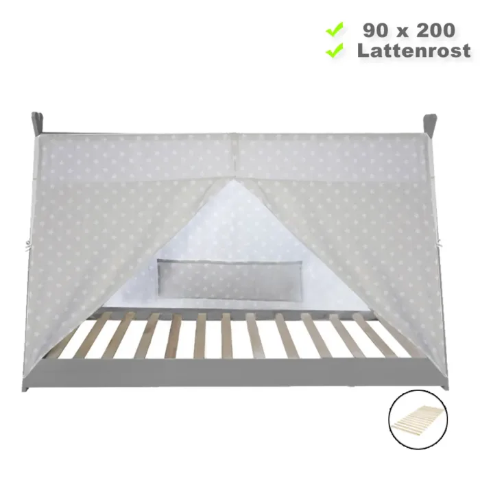 Tipi 90x200 cm – Holz Kinderbett in bodentiefer Zeltform – Farbe: Grau Weiß