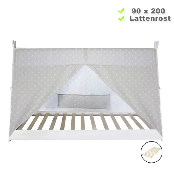Tipi 90x200 cm – bodentiefes Holzbett in Zeltform für Kinder – Farbe: Weiß Grau