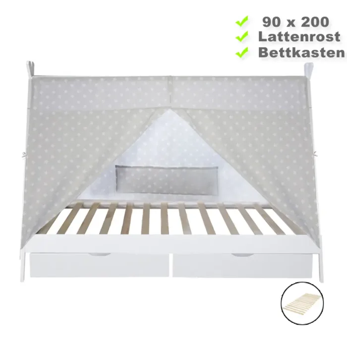 Tipi 90x200 cm – Kinder Hausbett mit zwei Schubkästen – Farbe: Weiß Grau