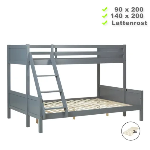 Etagenbett mit zwei Liegeflächen - 90x200 und 140x200 - Doppelstockbett aus Vollholz - Farbe: Grau