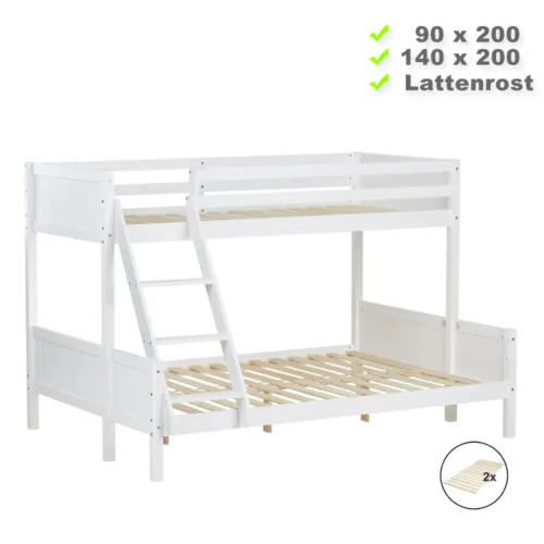 Doppelstockbett 90x200 und 140x200 - Vollholz Etagenbett für Kinder - Farbe: Weiß
