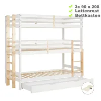 Kiefernholz Etagenbett 90x200 mit drei Schlafplätzen in Weiß mit Natur - Kinderbett mit Bettschublade