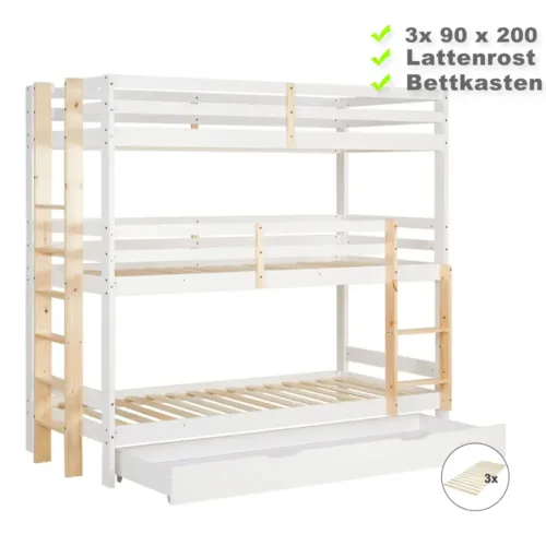 Kiefernholz Etagenbett 90x200 mit drei Schlafplätzen in Weiß mit Natur - Kinderbett mit Bettschublade