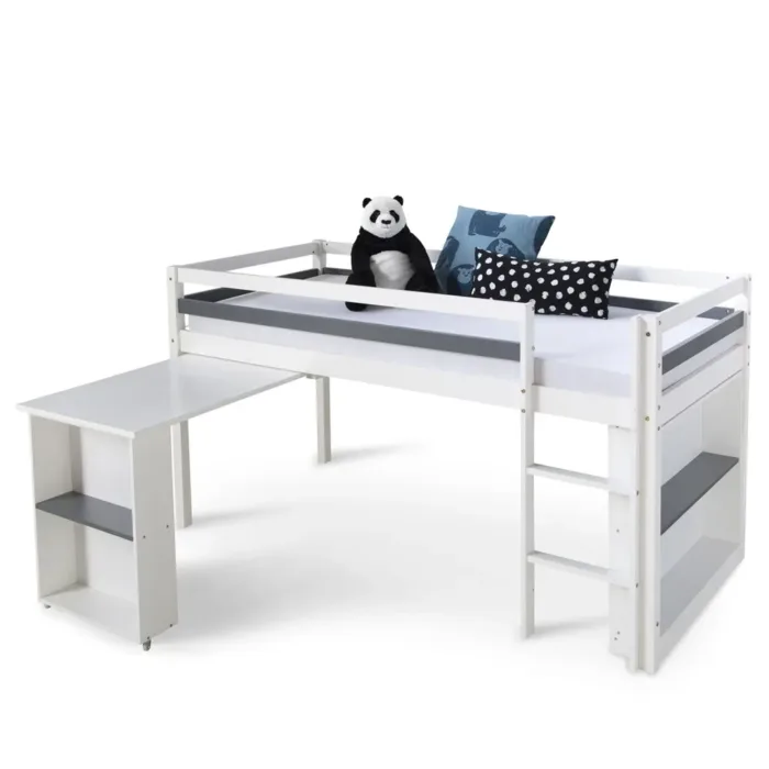 Kinderbett 90x200 mit Leiter - Hochbett mit funktionalem Schreibtisch und Regalen - Farbe: Weiß Grau