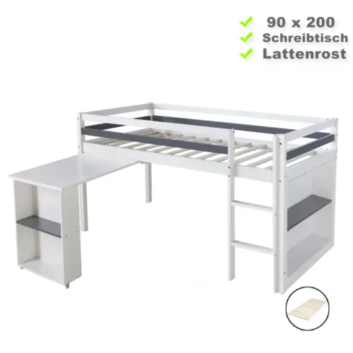 Kinderbett 90x200 mit Leiter - Hochbett mit funktionalem Schreibtisch und Regalen - Farbe: Weiß Grau