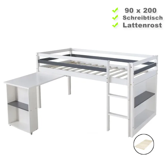 Kinderbett 90x200 mit Leiter - Hochbett mit funktionalem Schreibtisch und Regalen - Farbe: Weiß Grau