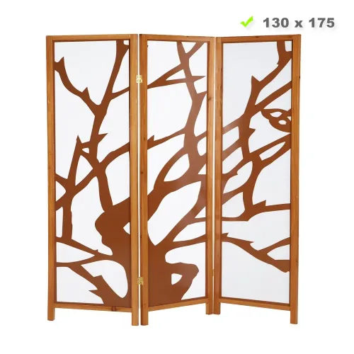 Raumteiler mit Holzmuster 130x175 cm - Paravent 3 teilig aus Holz und Shoji Reispapier - Farbe: Braun