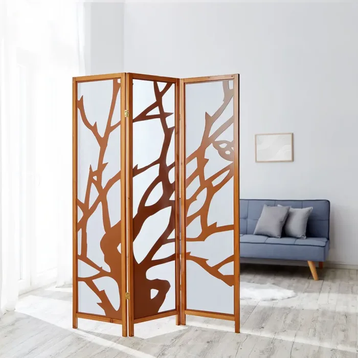 Raumteiler mit Holzmuster 130x175 cm - Paravent 3 teilig aus Holz und Shoji Reispapier - Farbe: Braun