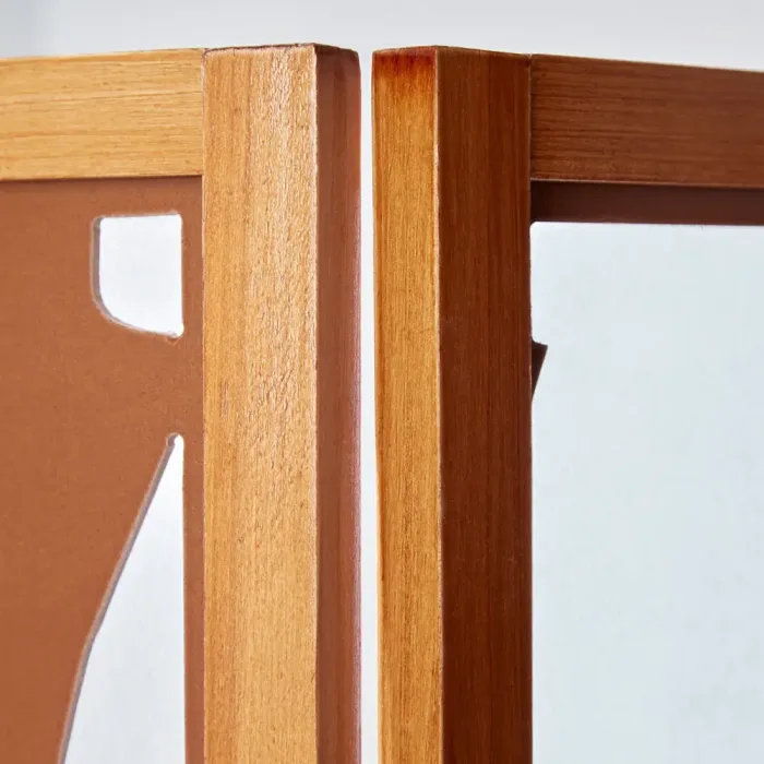 Raumteiler mit Holzmuster 130x175 cm - Paravent 3 teilig aus Holz und Shoji Reispapier - Farbe: Braun