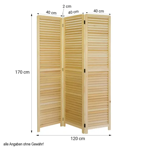 Raumteiler mit Farbnuancen 120x170 cm - Paravent 3 teilig mit luftdurchlässigen Holzlamellen - Farbe: Natur