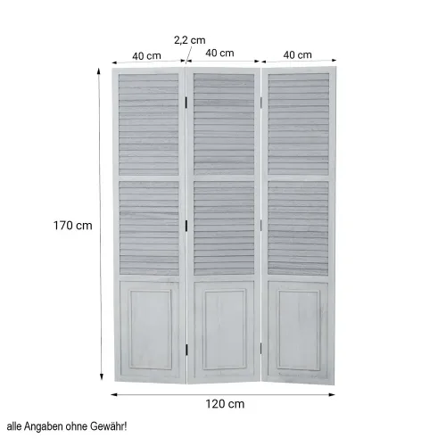 Raumteiler im Used-Look 120x170 cm - Paravent 3 teilig aus Holz und Holzlamellen - Farbe: Grau