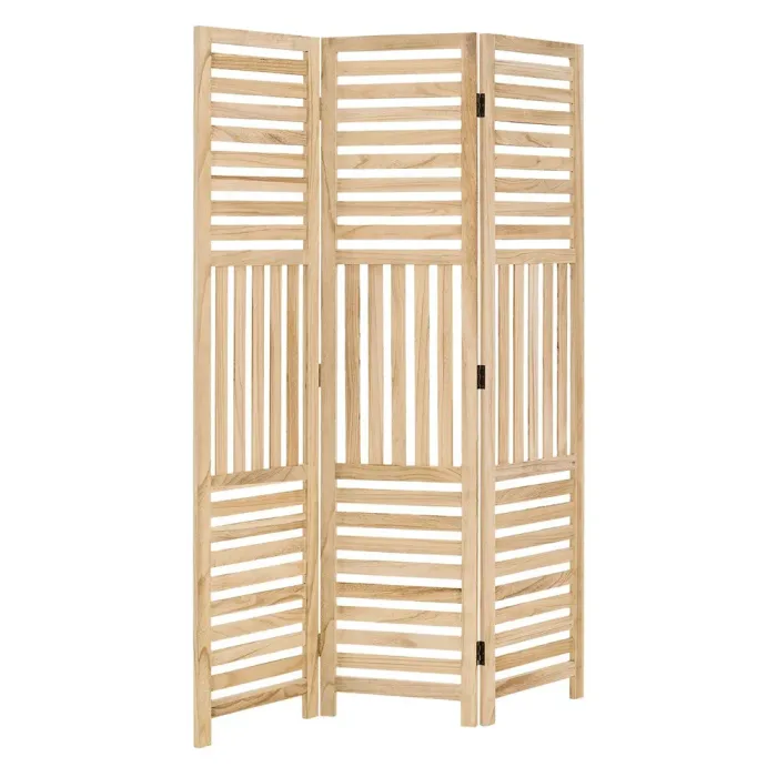 Raumteiler aus Massivholz 120x170 cm - Durchsichtiger Paravent 3 teilig mit offenen Holzstreben - Farbe: Natur