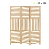 Raumteiler aus Massivholz 120x170 cm - Durchsichtiger Paravent 3 teilig mit offenen Holzstreben - Farbe: Natur