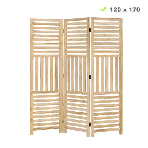 Raumteiler aus Massivholz 120x170 cm - Durchsichtiger Paravent 3 teilig mit offenen Holzstreben - Farbe: Natur