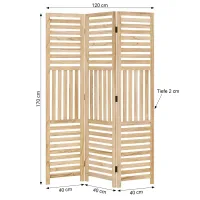 Raumteiler aus Massivholz 120x170 cm - Durchsichtiger Paravent 3 teilig mit offenen Holzstreben - Farbe: Natur