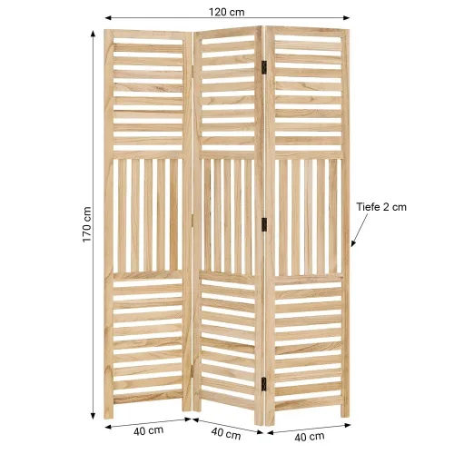 Raumteiler aus Massivholz 120x170 cm - Durchsichtiger Paravent 3 teilig mit offenen Holzstreben - Farbe: Natur