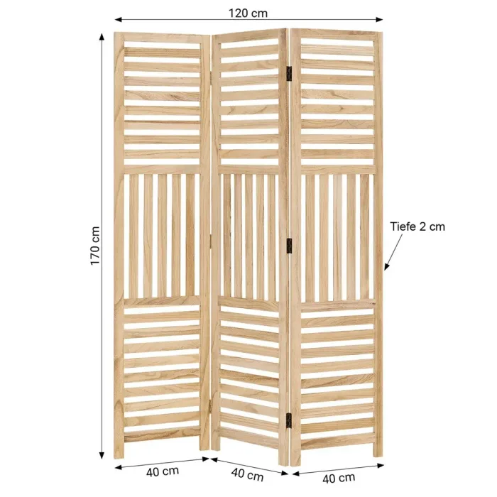 Raumteiler aus Massivholz 120x170 cm - Durchsichtiger Paravent 3 teilig mit offenen Holzstreben - Farbe: Natur