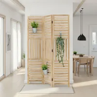 Raumteiler aus Massivholz 120x170 cm - Durchsichtiger Paravent 3 teilig mit offenen Holzstreben - Farbe: Natur