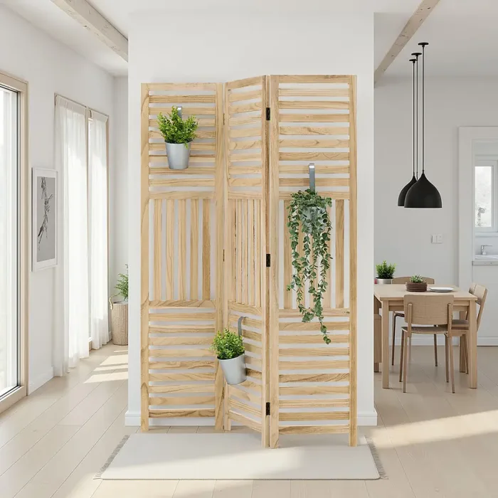 Raumteiler aus Massivholz 120x170 cm - Durchsichtiger Paravent 3 teilig mit offenen Holzstreben - Farbe: Natur