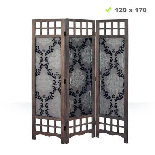 Raumteiler aus Holz mit Stoffbehang 120x170 cm - Paravent 3 teilig mit mehrfarbigem Barock Muster - Farbe: Braun Grau