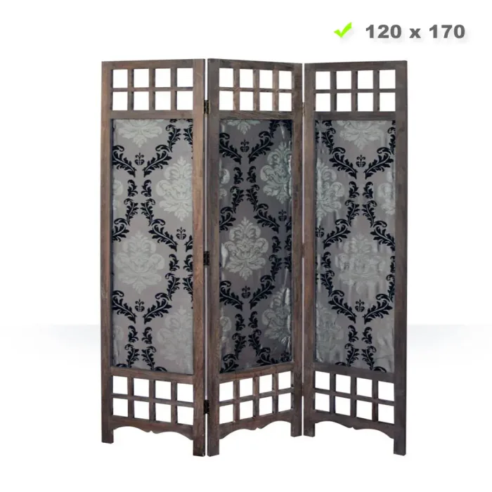 Raumteiler aus Holz mit Stoffbehang 120x170 cm - Paravent 3 teilig mit mehrfarbigem Barock Muster - Farbe: Braun Grau