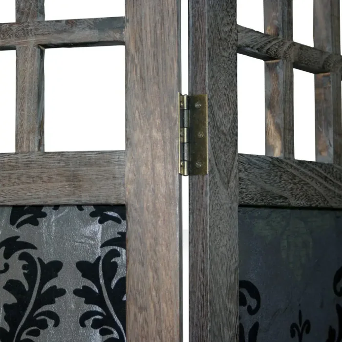 Raumteiler aus Holz mit Stoffbehang 120x170 cm - Paravent 3 teilig mit mehrfarbigem Barock Muster - Farbe: Braun Grau
