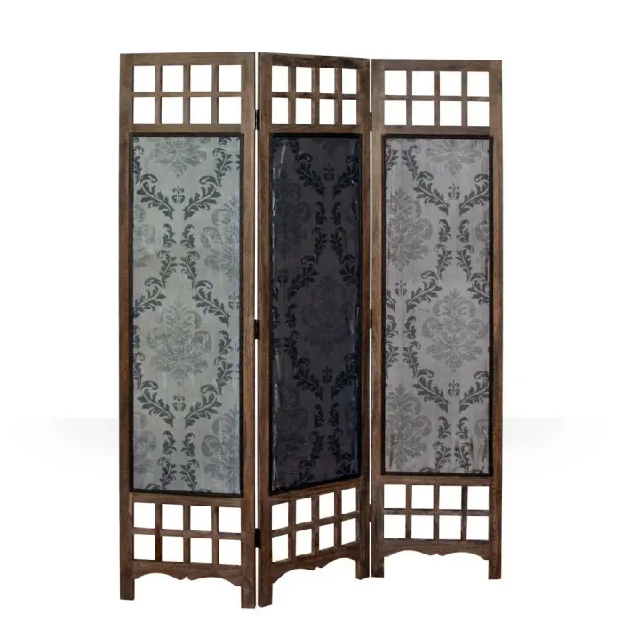 Raumteiler aus Holz mit Stoffbehang 120x170 cm - Paravent 3 teilig mit mehrfarbigem Barock Muster - Farbe: Braun Grau