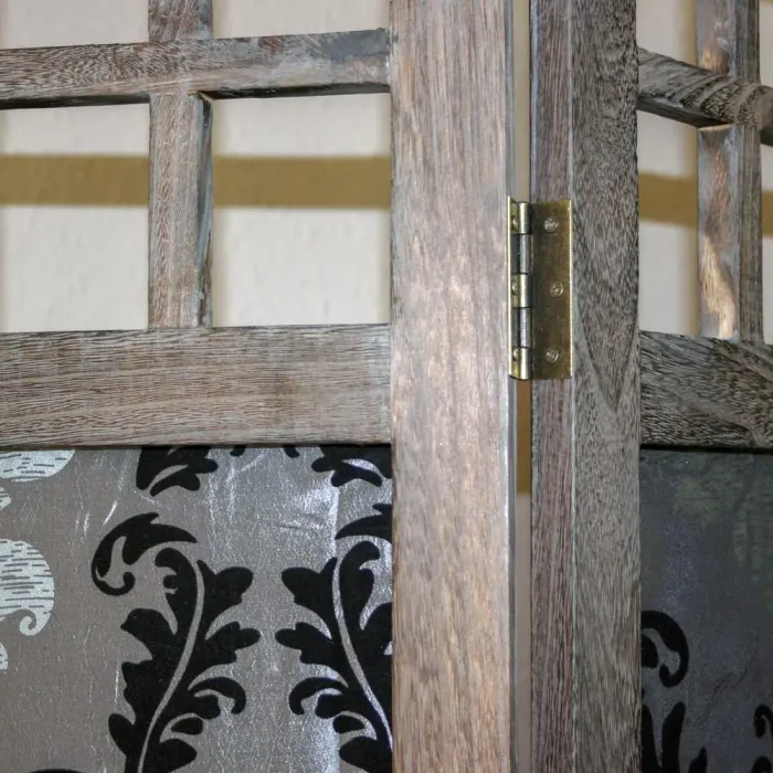 Raumteiler aus Holz mit Stoffbehang 120x170 cm - Paravent 3 teilig mit mehrfarbigem Barock Muster - Farbe: Braun Grau