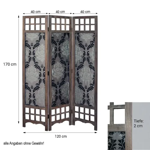 Raumteiler aus Holz mit Stoffbehang 120x170 cm - Paravent 3 teilig mit mehrfarbigem Barock Muster - Farbe: Braun Grau