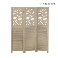Raumteiler aus Holz mit Blatt Muster 120x170 cm - Paravent 3 teilig mit Holzlamellen - Farbe: Beige - Sand