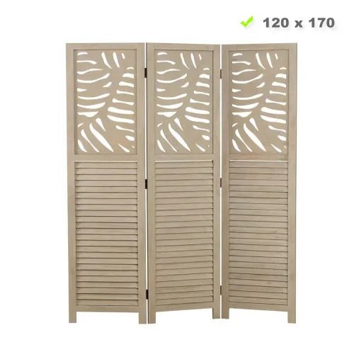 Raumteiler aus Holz mit Blatt Muster 120x170 cm - Paravent 3 teilig mit Holzlamellen - Farbe: Beige - Sand