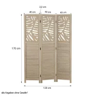 Raumteiler aus Holz mit Blatt Muster 120x170 cm - Paravent 3 teilig mit Holzlamellen - Farbe: Beige - Sand