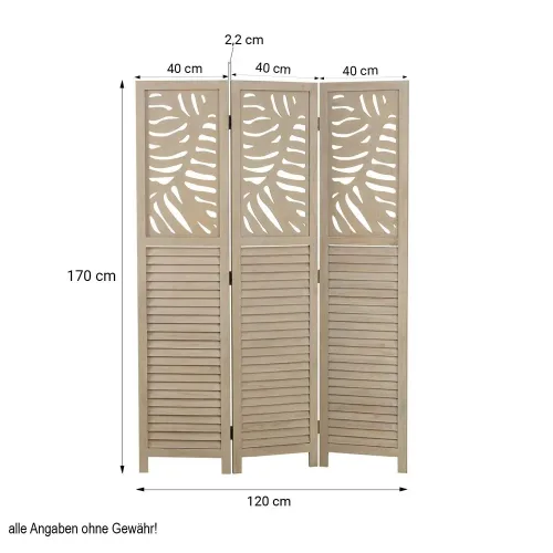 Raumteiler aus Holz mit Blatt Muster 120x170 cm - Paravent 3 teilig mit Holzlamellen - Farbe: Beige - Sand